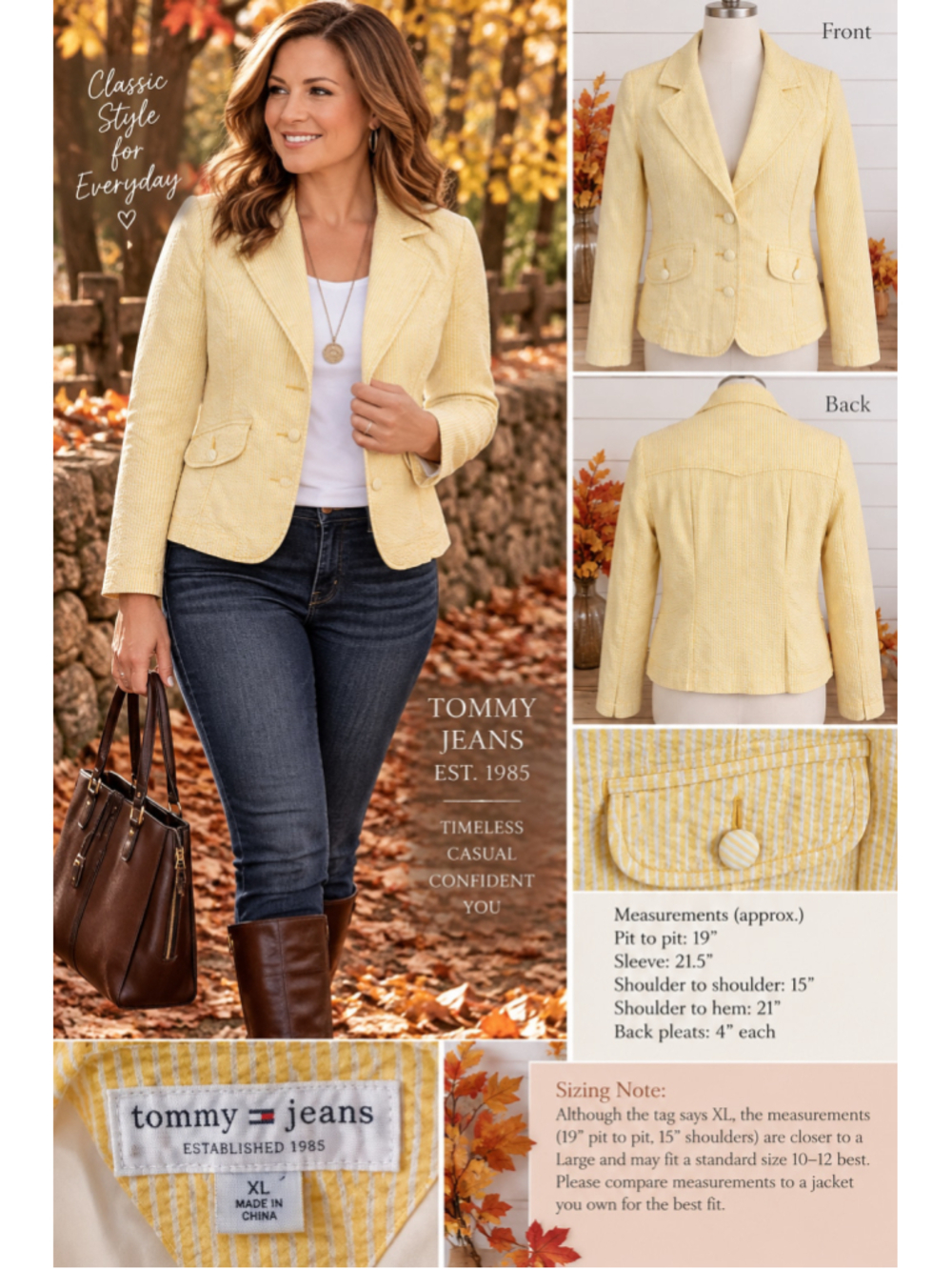 Women's Tommy Jeans Yellow White Seersucker Blazer Jacket Size L